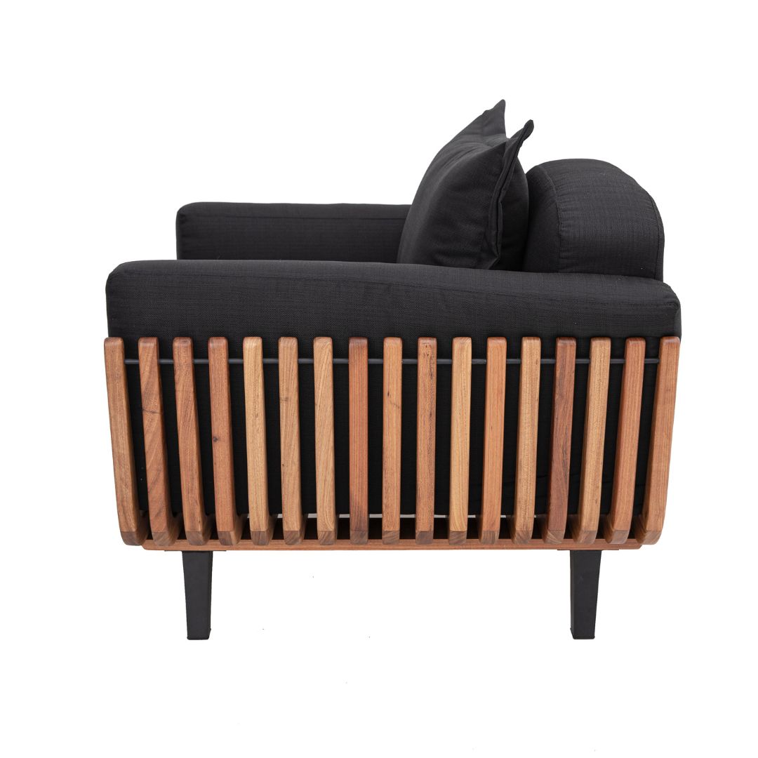 Marbella Armchair Freijó Wood Backrest and Seat Upholstered in Black Quaker Fabric