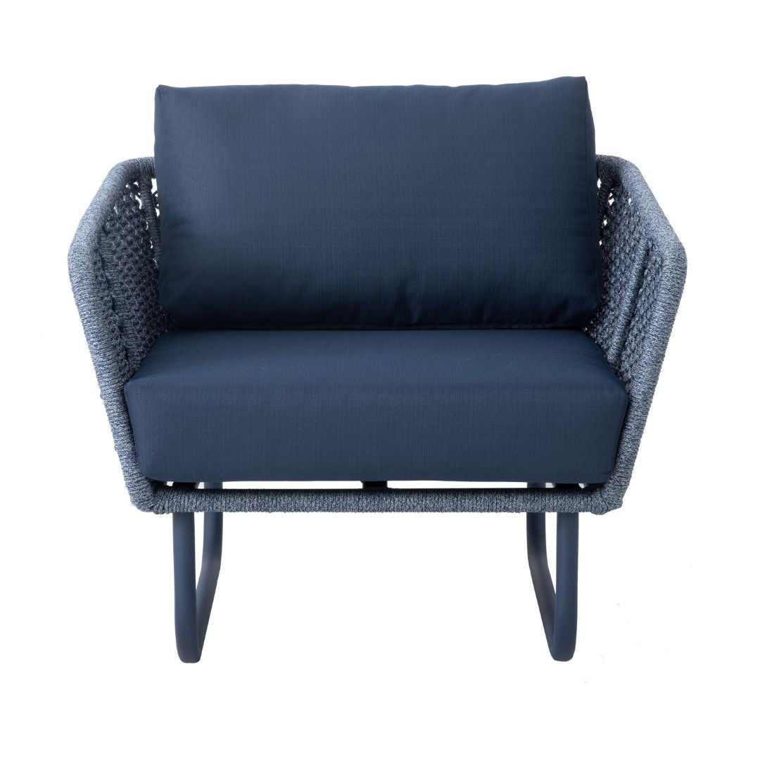 Sillón Napole Aluminio Color Azul Cuerda Náutica Azul Mixto Respaldo y Asiento Tapizado Tela Quaker Azul Marino