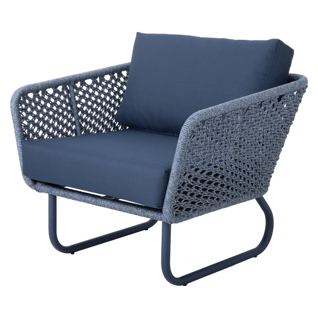 Sillón Napole Aluminio Color Azul Cuerda Náutica Azul Mixto Respaldo y Asiento Tapizado Tela Quaker Azul Marino