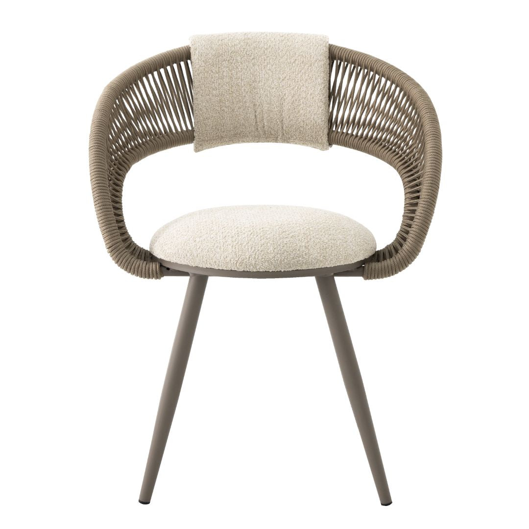 Penelope Armchair Champagne Color Aluminum Nautical Rope Sand Color Upholstered Backrest Boucle White Fabric