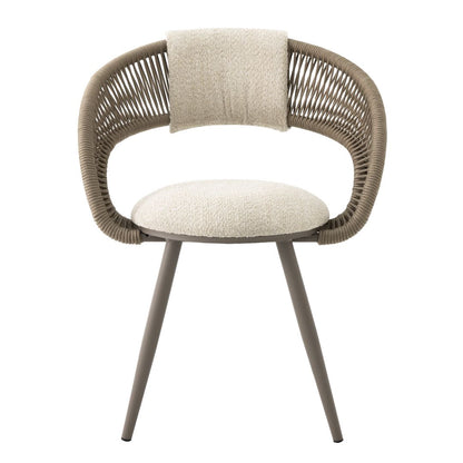 Penelope Armchair Champagne Color Aluminum Nautical Rope Sand Color Upholstered Backrest Boucle White Fabric