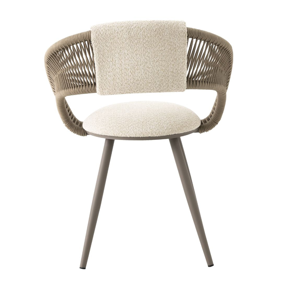 Penelope Armchair Champagne Color Aluminum Nautical Rope Sand Color Upholstered Backrest Boucle White Fabric