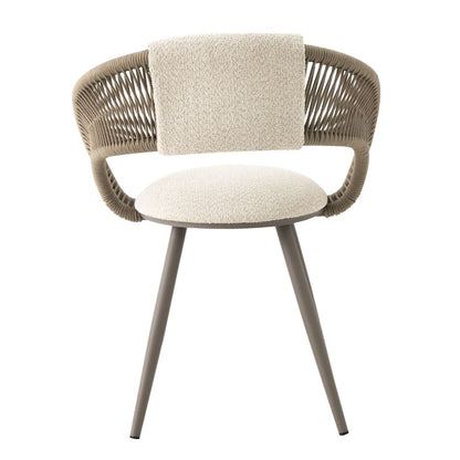 Penelope Armchair Champagne Color Aluminum Nautical Rope Sand Color Upholstered Backrest Boucle White Fabric