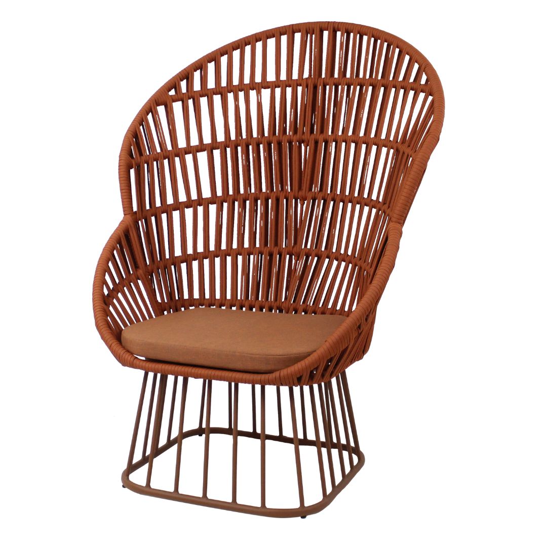 Queen Aluminum High Chair, Mixed Brown Color, Knitted Rope, Rust Color, Upholstered Seat, Rust Fabric
