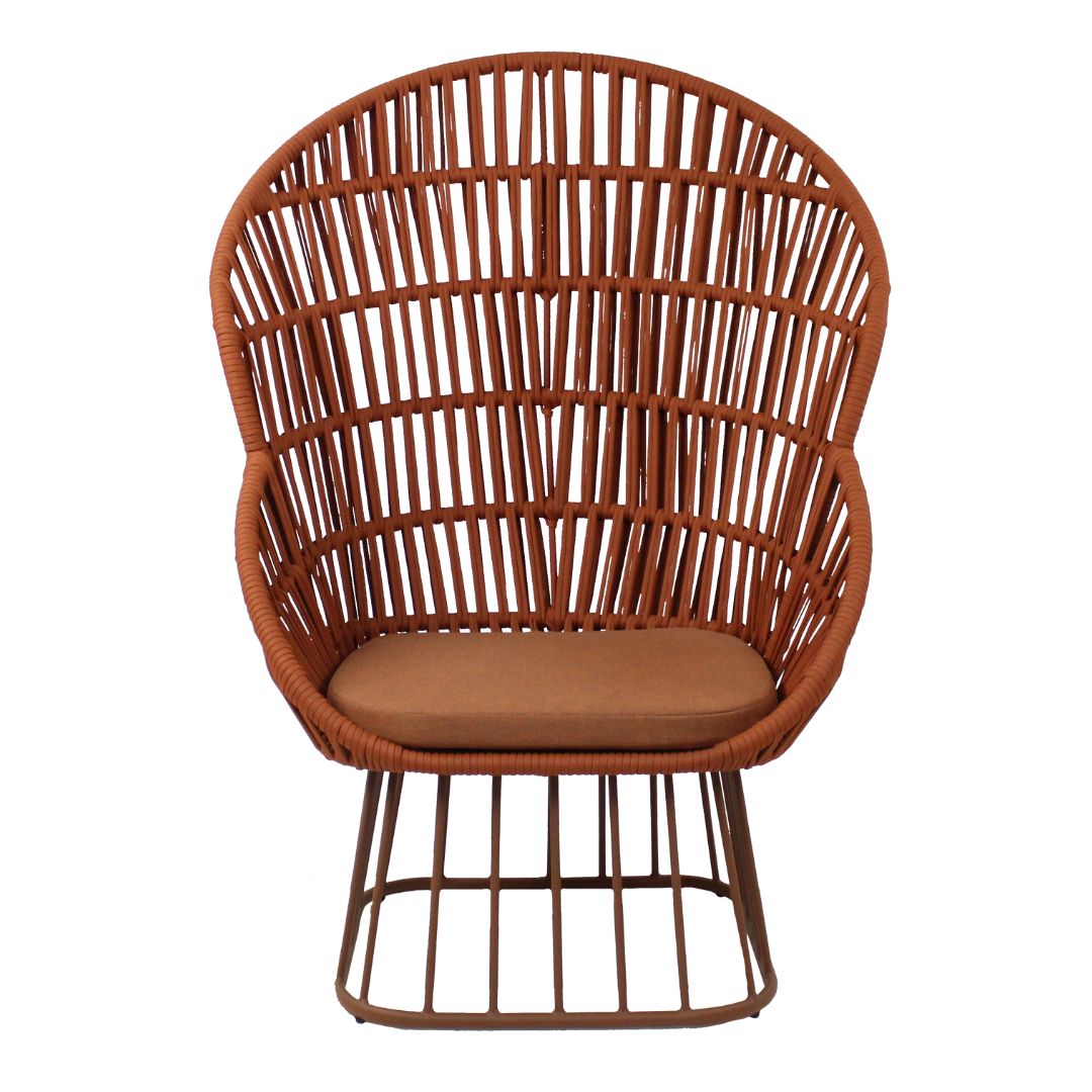 Queen Aluminum High Chair, Mixed Brown Color, Knitted Rope, Rust Color, Upholstered Seat, Rust Fabric