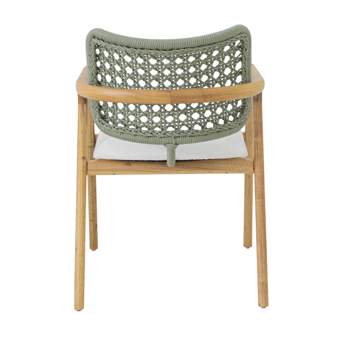 Ravena Armchair Freijó Wood Nautical Rope Pearly Green Color Upholstered Seat Boucle White Fabric