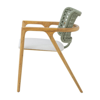 Ravena Armchair Freijó Wood Nautical Rope Pearly Green Color Upholstered Seat Boucle White Fabric