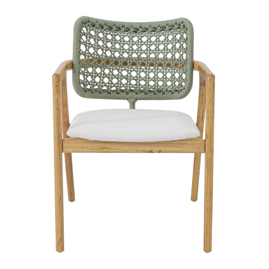 Ravena Armchair Freijó Wood Nautical Rope Pearly Green Color Upholstered Seat Boucle White Fabric