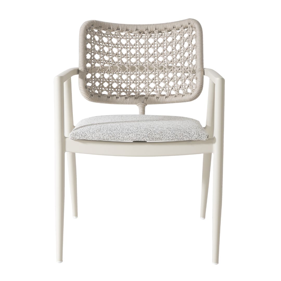 Sillón Ravena de Aluminio Color Beige Cuerda Náutica Color Arena Asiento Tapizado Tela Boucle Nepal