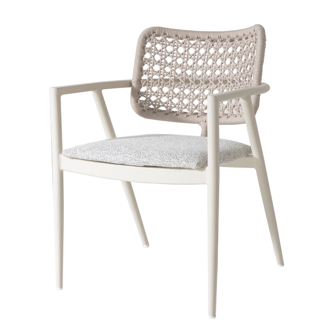 Sillón Ravena de Aluminio Color Beige Cuerda Náutica Color Arena Asiento Tapizado Tela Boucle Nepal