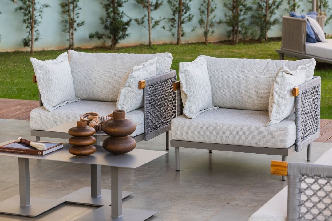 Refinement Armchair Aluminum Lead Color Nautical Rope Silver Color Upholstered Seat Tatami Fabric Grey Mix