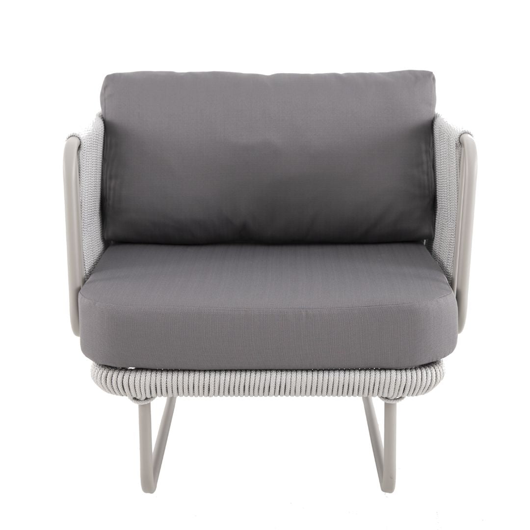 Veredas Armchair Champagne Color Aluminum Nautical Rope Ice Color Upholstered Seat Quaker Gray Fabric