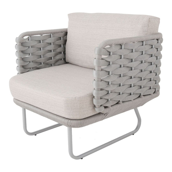 Ambiente 1 com Veredas Armchair Champagne Color Aluminum Nautical Rope Ice Color Upholstered Seat Quaker Gray Fabric