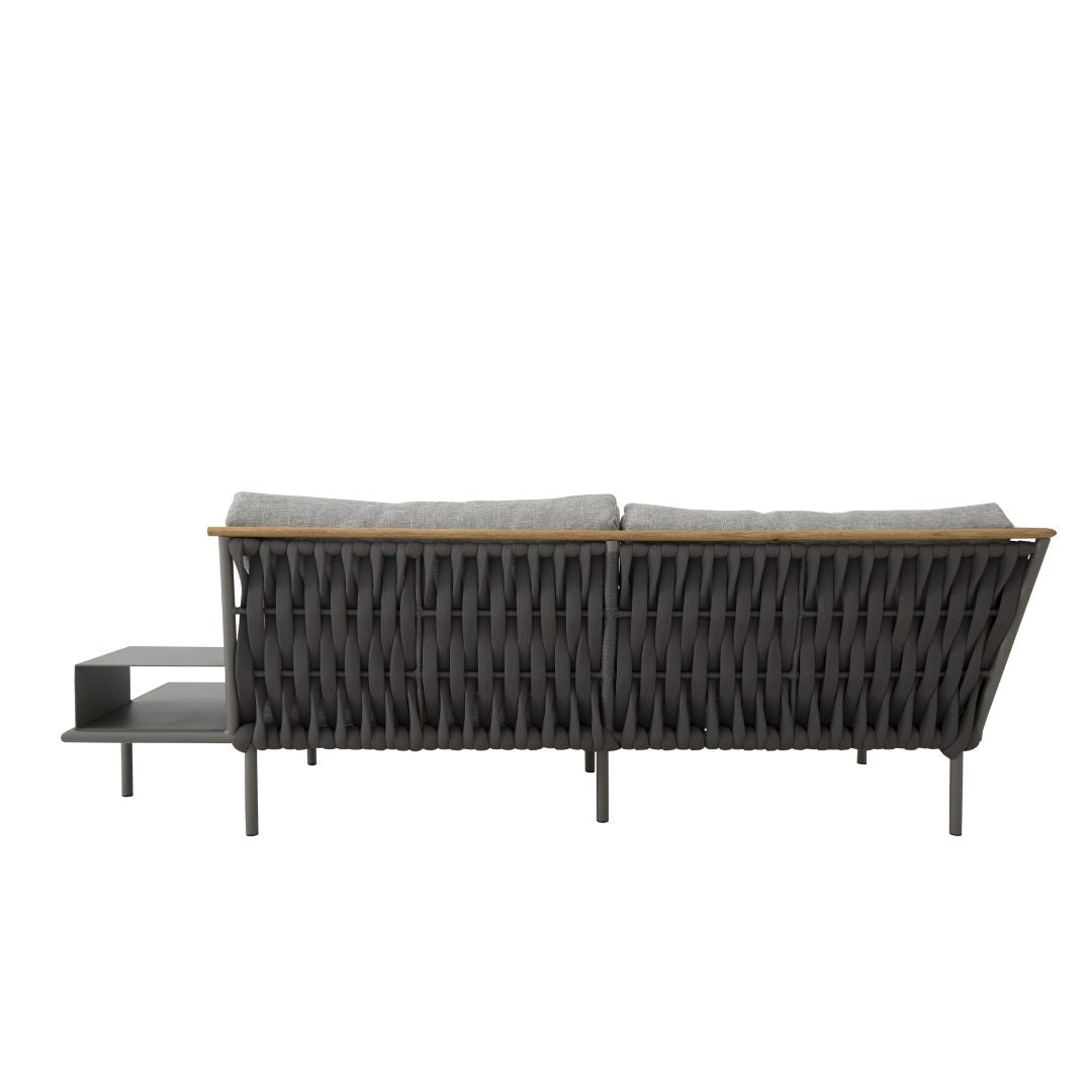 Lazio Sofa with Tray Freijó Wood Aluminum Gray Color Nautical Knit Black Color Backrest and Seat Upholstered Pelican Grey Fabric