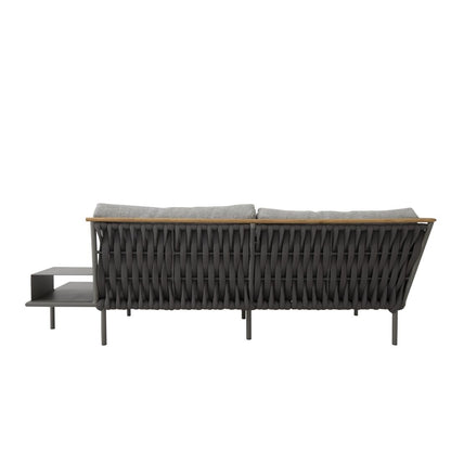 Lazio Sofa with Tray Freijó Wood Aluminum Gray Color Nautical Knit Black Color Backrest and Seat Upholstered Pelican Grey Fabric