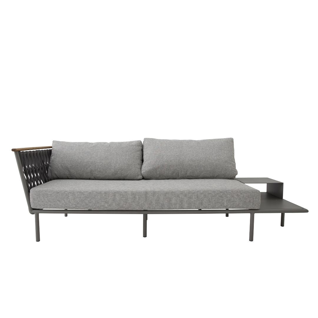 Lazio Sofa with Tray Freijó Wood Aluminum Gray Color Nautical Knit Black Color Backrest and Seat Upholstered Pelican Grey Fabric