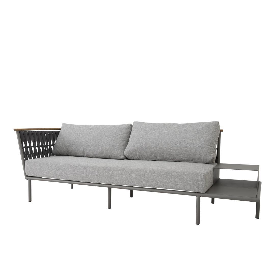 Lazio Sofa with Tray Freijó Wood Aluminum Gray Color Nautical Knit Black Color Backrest and Seat Upholstered Pelican Grey Fabric