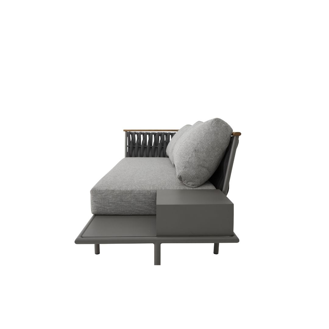 Lazio Sofa with Tray Freijó Wood Aluminum Gray Color Nautical Knit Black Color Backrest and Seat Upholstered Pelican Grey Fabric