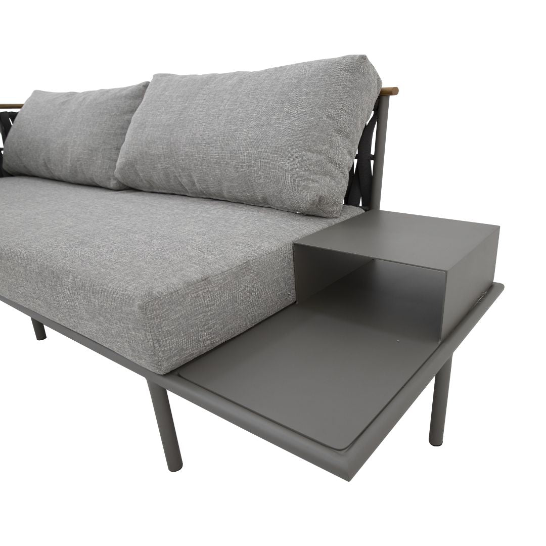 Lazio Sofa with Tray Freijó Wood Aluminum Gray Color Nautical Knit Black Color Backrest and Seat Upholstered Pelican Grey Fabric