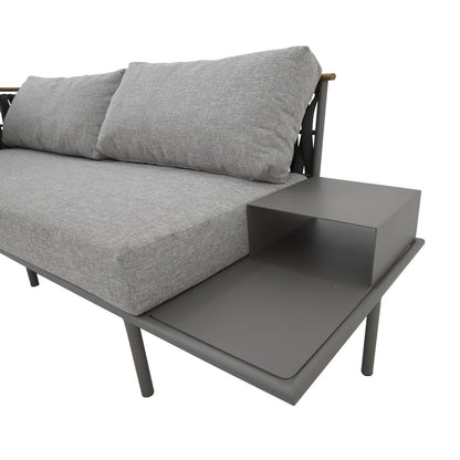 Lazio Sofa with Tray Freijó Wood Aluminum Gray Color Nautical Knit Black Color Backrest and Seat Upholstered Pelican Grey Fabric