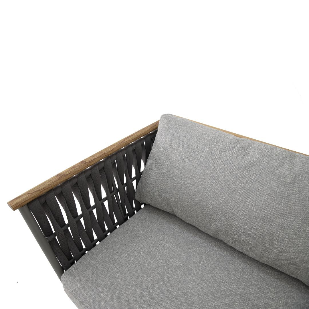Lazio Sofa with Tray Freijó Wood Aluminum Gray Color Nautical Knit Black Color Backrest and Seat Upholstered Pelican Grey Fabric