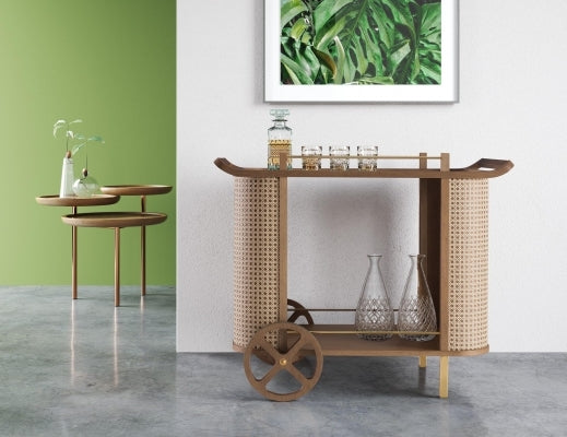 Ambiente 2 com Carrito para té Dinda Bar con espejo, rueda hueca negra de paja portuguesa de bronce y nogal