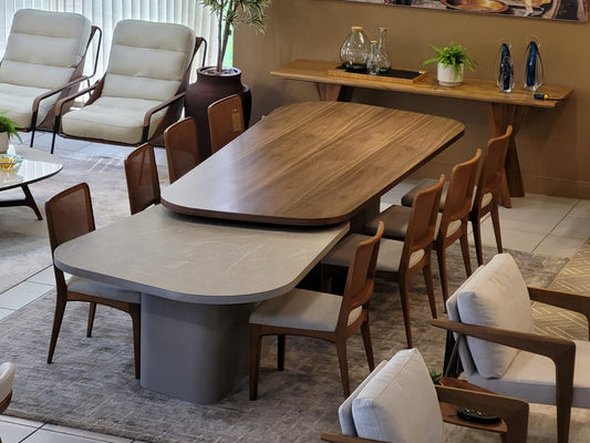 Mesa de Jantar Extensível Florença e Gran Florença Madeira Cor Jequitibá 58 Formica TS Cor Rochedo Laca Cor Fendi