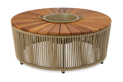 Mesa De Centro Fuji 90cm Com Champanheira Tampo Ripado Formato Pizza Em Madeira Maciça Peroba-Rosa Base De Alumínio e Corda Náutica