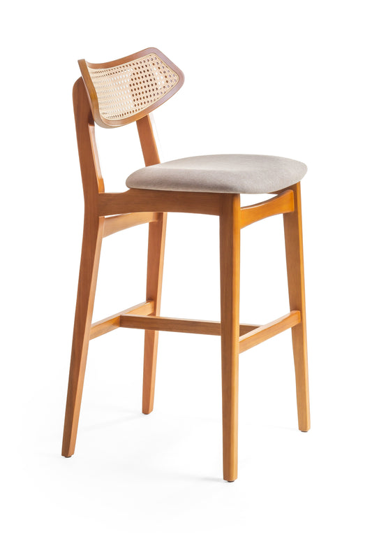 Banqueta Diana Madeira Damasco Assento Tecido BR6000 Encosto em Palha Sextavada