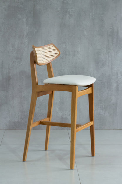 Banqueta Diana Madeira Damasco Assento Tecido BS 704 Encosto em Palha Sextavada