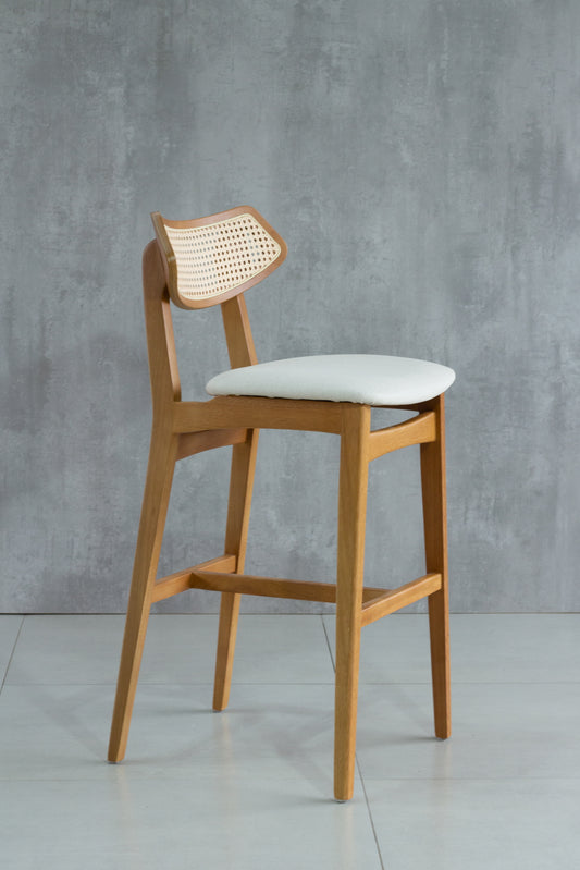 Banqueta Diana Madeira Damasco Assento Tecido BS 704 Encosto em Palha Sextavada