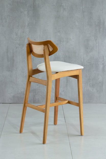 Banqueta Diana Madeira Damasco Assento Tecido BS 704 Encosto em Palha Sextavada