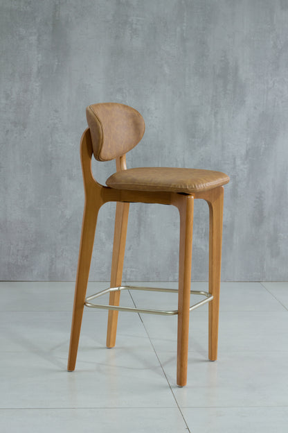 Banqueta Elis Madeira Damasco Metal Dourado Assento Couro BR6027