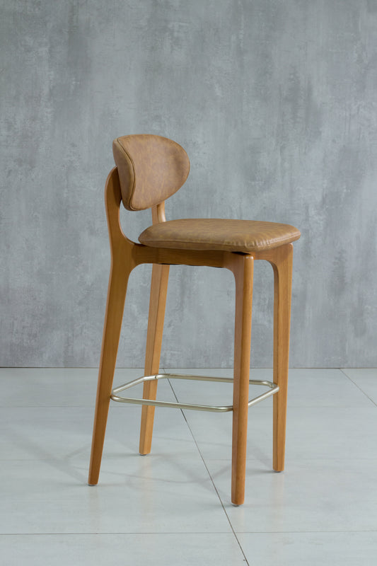 Banqueta Elis Madeira Damasco Metal Dourado Assento Couro BR6027