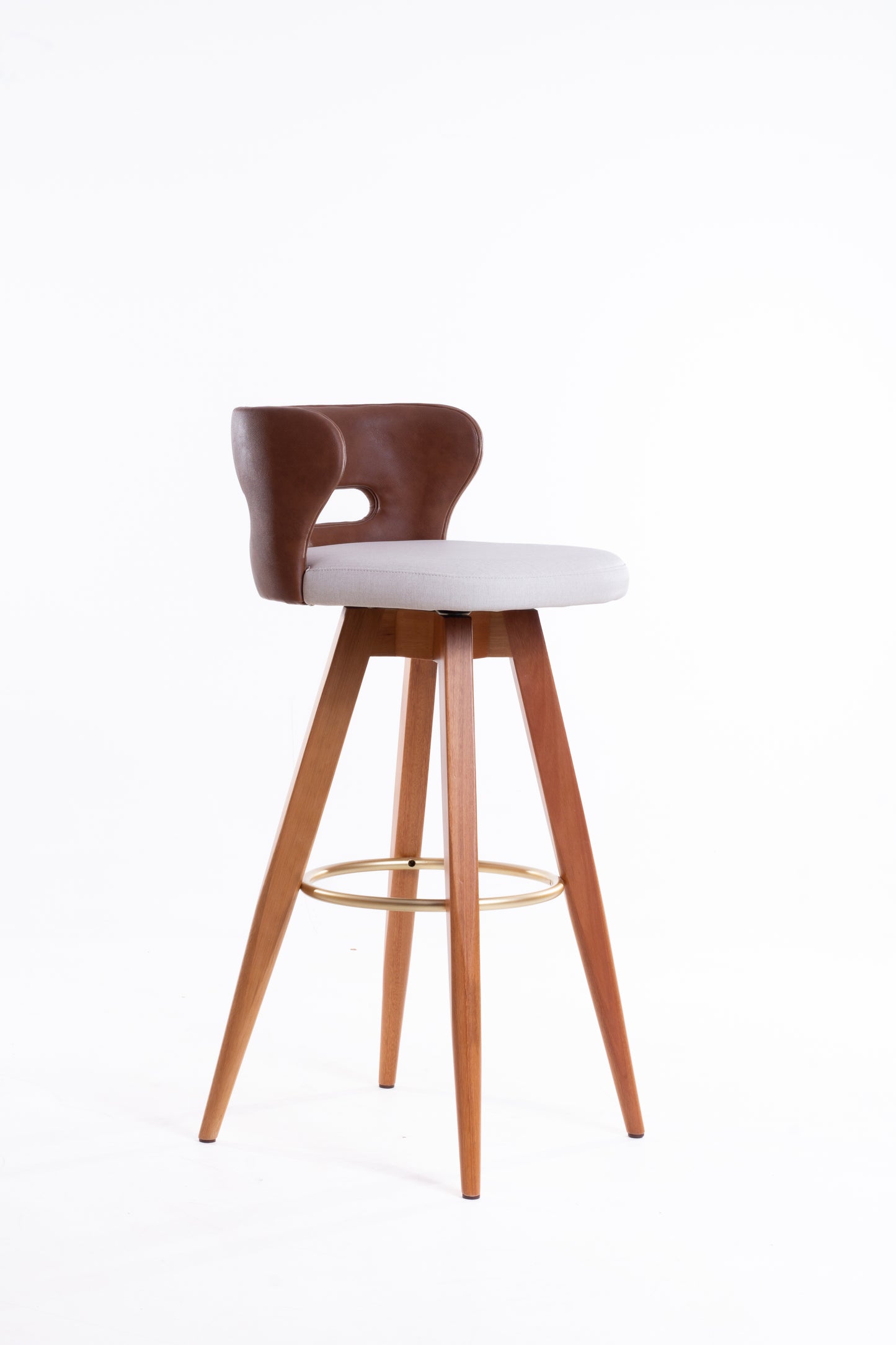 Banqueta Ema Madeira Damasco Metal Dourado Encosto Couro BR6027 e Assento Tecido BS709