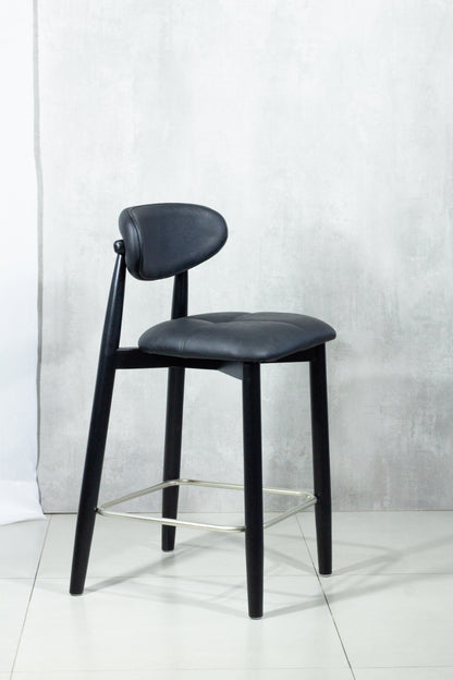 Banqueta Ana Madeira Ebano Metal Champagne Assento Couro AB1016