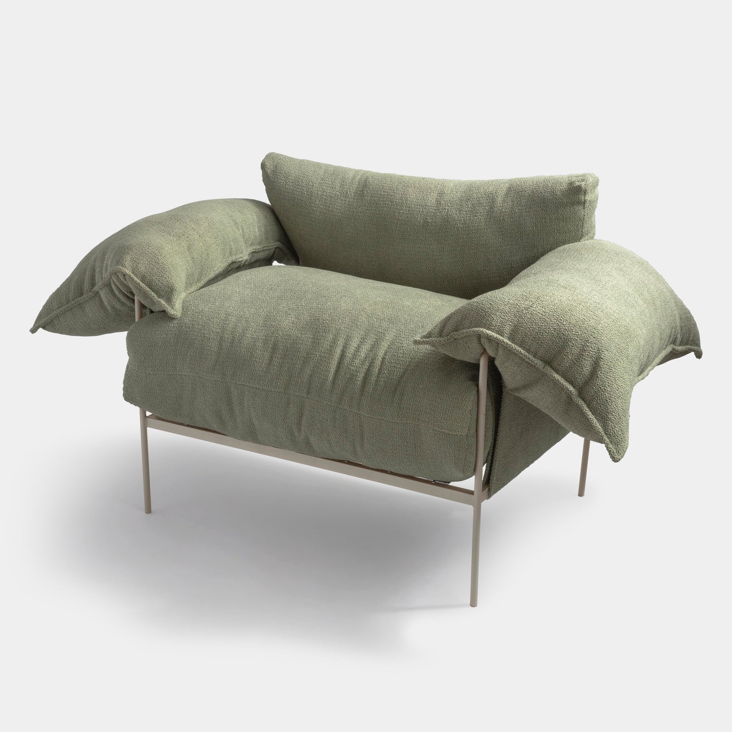 Aluminum Wing Chair Taupe Color Backrest and Seat Upholstered in Loop Green Tea Fabric
