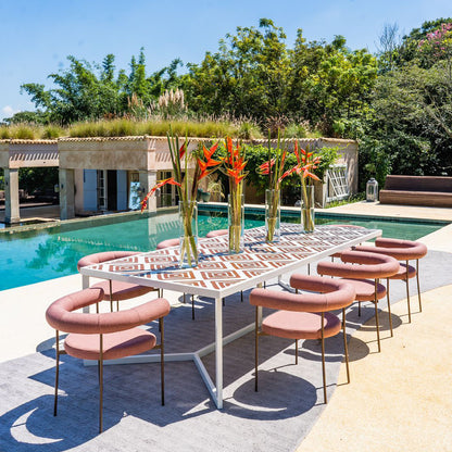 Curved Aluminum Chair Terracotta Color Upholstered Backrest and Seat in Senna Papaya Fabric