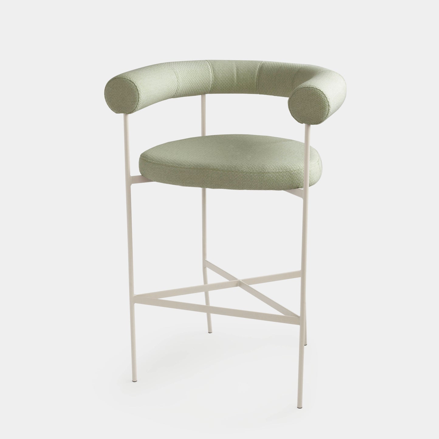 Taburete Curvo de Aluminio Color Porcelana con Respaldo y Asiento Tapizado en Tela Vat Salvia Oscuro