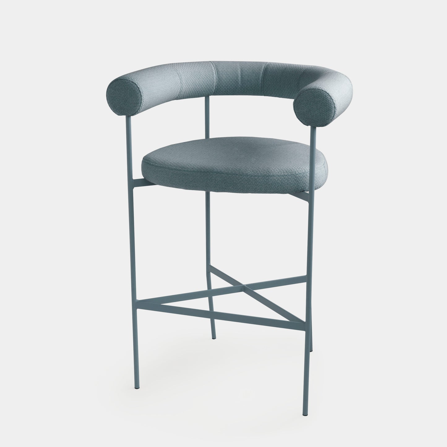Curved Aluminum Stool, Mist Blue Color, Backrest and Seat Upholstered in Vat Aqua Fabric
