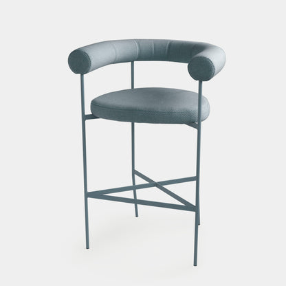 Curved Aluminum Stool, Mist Blue Color, Backrest and Seat Upholstered in Vat Aqua Fabric