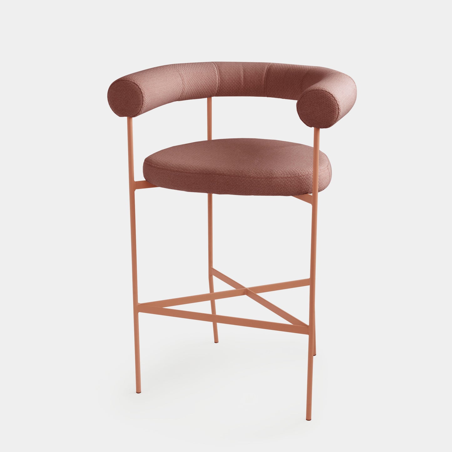 Curved Aluminum Stool Terracotta Color Backrest and Seat Upholstered in Vat Figo Fabric