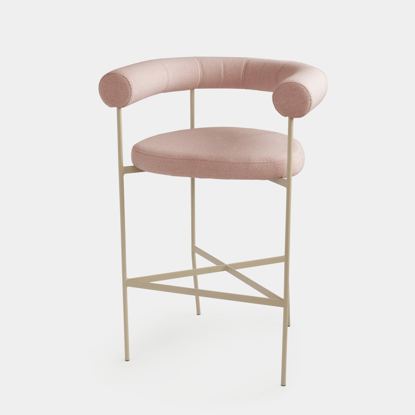 Curved Aluminum Stool Taupe Color Backrest and Seat Upholstered Vat Quartz Fabric