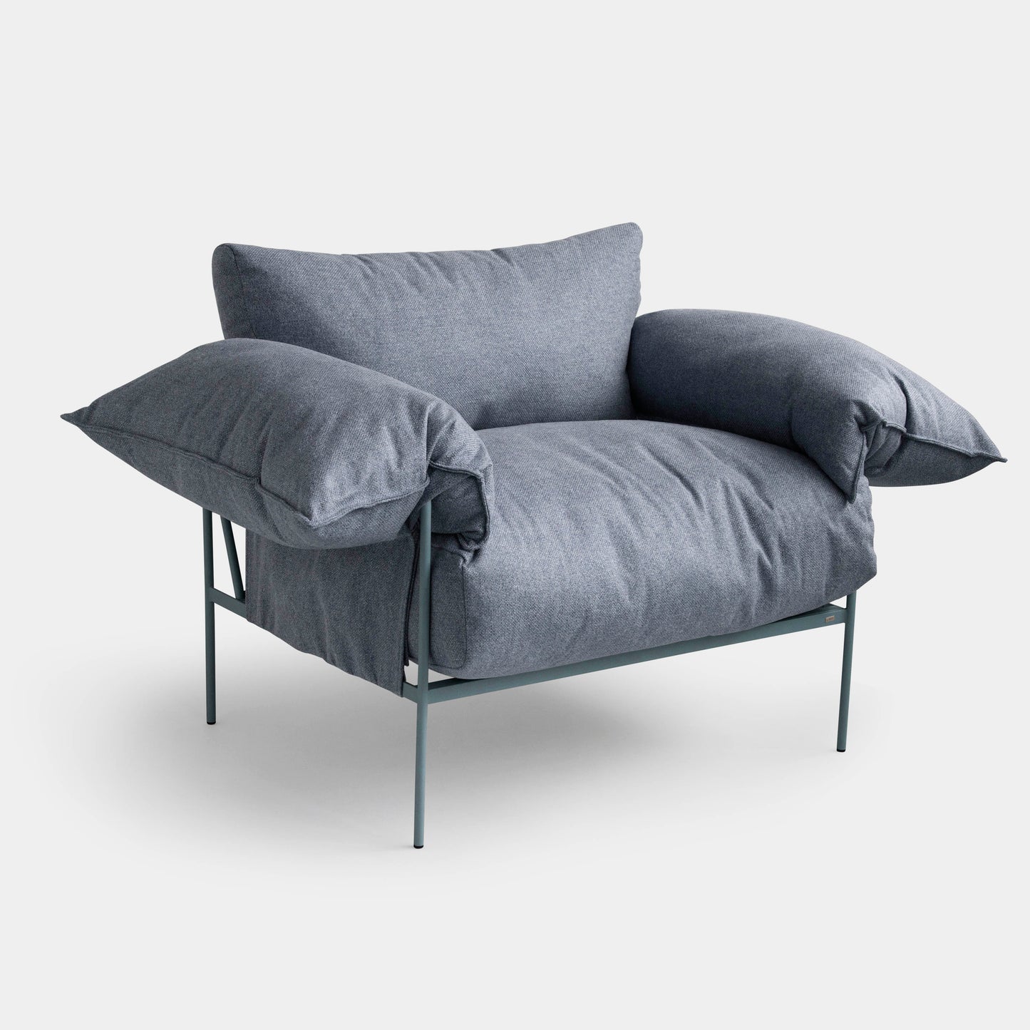 Aluminum Wing Chair, Mist Blue Color, Backrest and Seat Upholstered in Aqua Vat Fabric