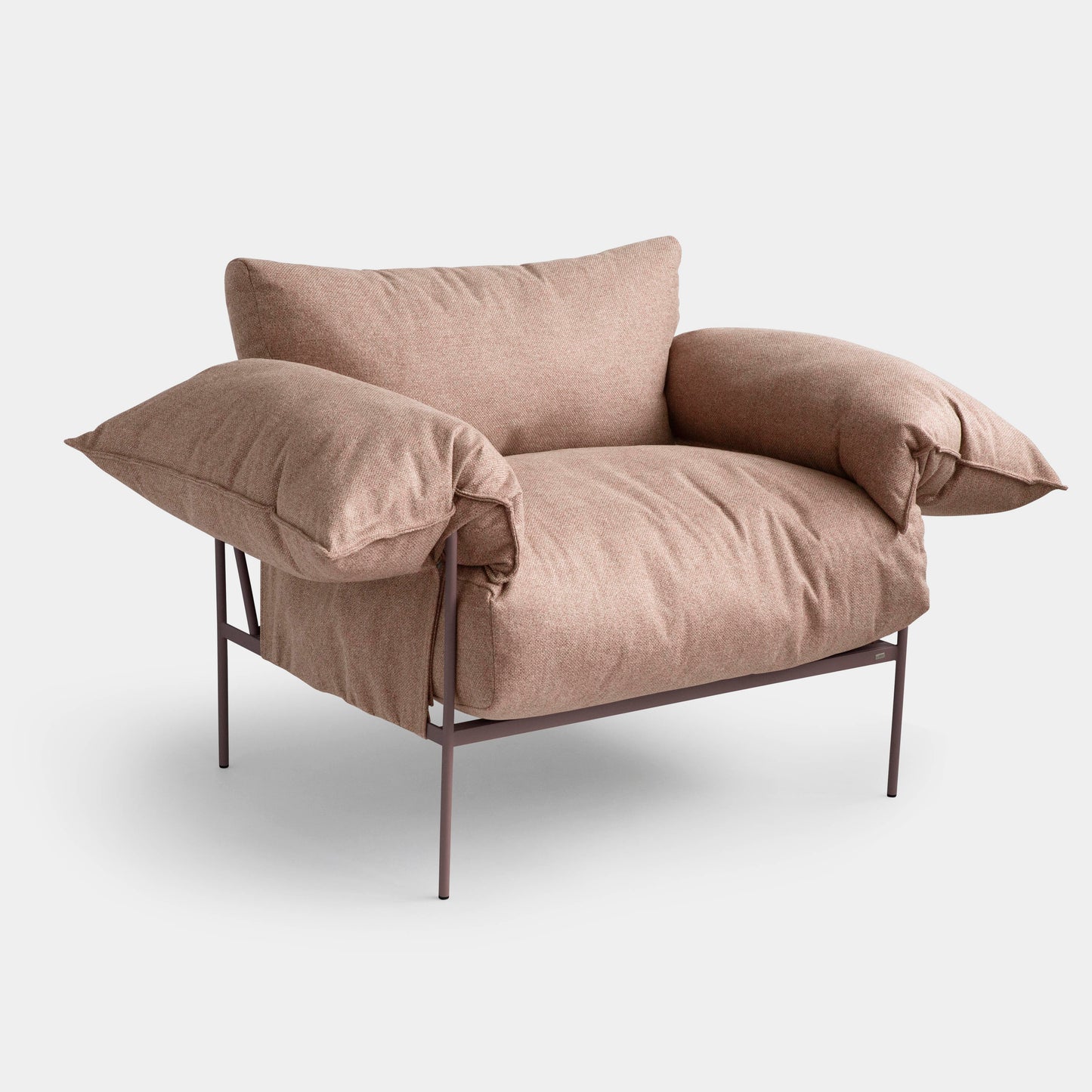 Aluminum Wing Armchair Ruby Color Backrest and Seat Upholstered in Vat Quartz Fabric