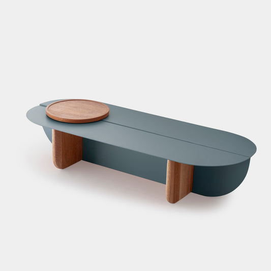 Mesa de Centro Grão Madeira Cumaru Amarelo Alumínio Cor Azul Névoa