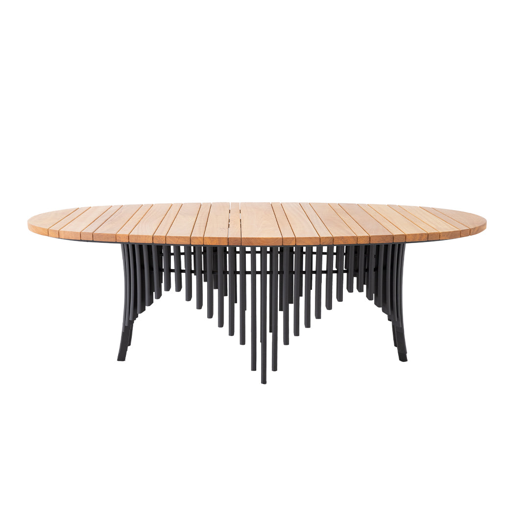 Mesa Luna Ovalada 230x120cm Tapa de Madera Freijó Base Aluminio Color Negro