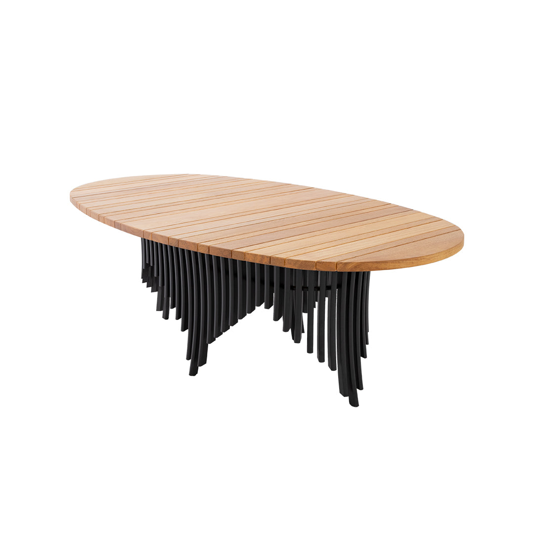 Mesa Luna Ovalada 230x120cm Tapa de Madera Freijó Base Aluminio Color Negro