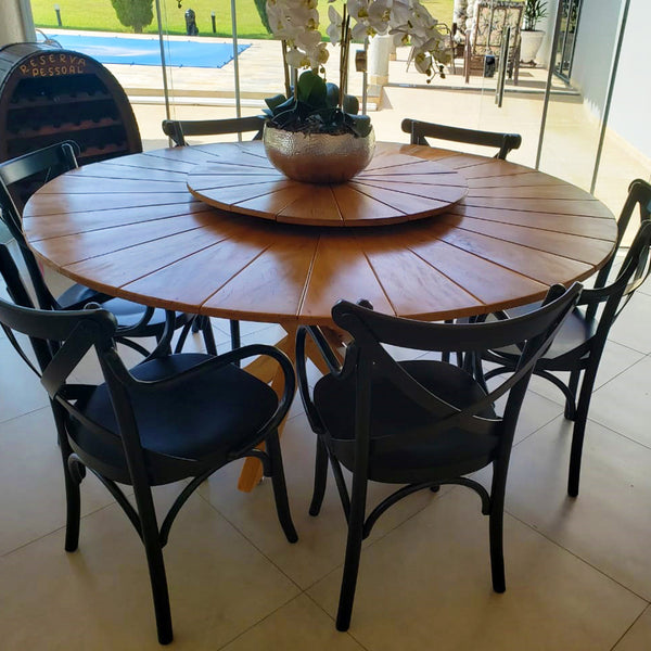 Ambiente 1 com Mesa de Jantar Redonda 180cm Tampo Nápoles Base Cruzada Madeira Maciça - 8 Lugares
