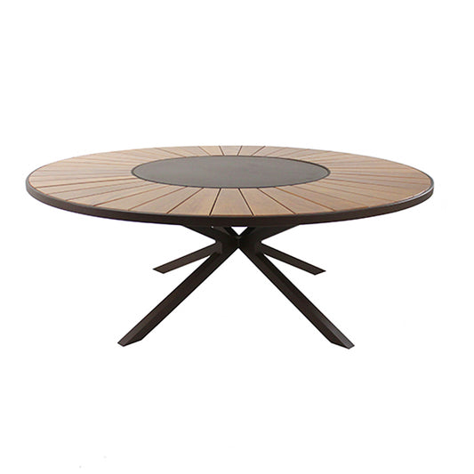 Mesa de jardín redonda de 180 cm, tapa de madera con placa giratoria, base de aluminio, color negro